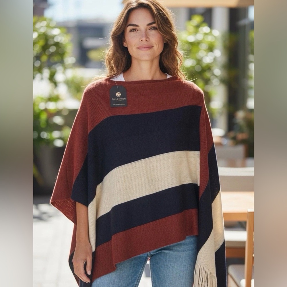 Elegant Striped Poncho in Navy, Cream, and Rust